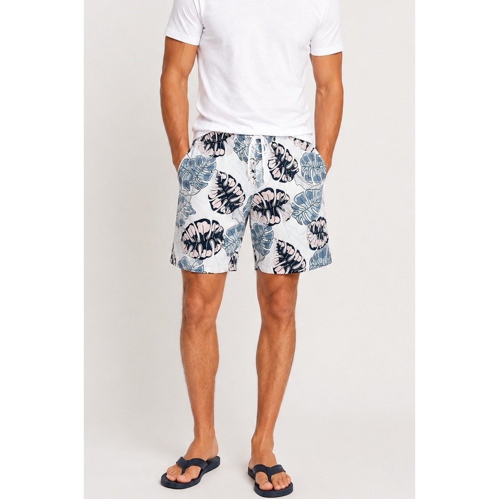 Free Planet Everyday Shorts Mens L 34 White Blue Tropical Monstera Leaf Island